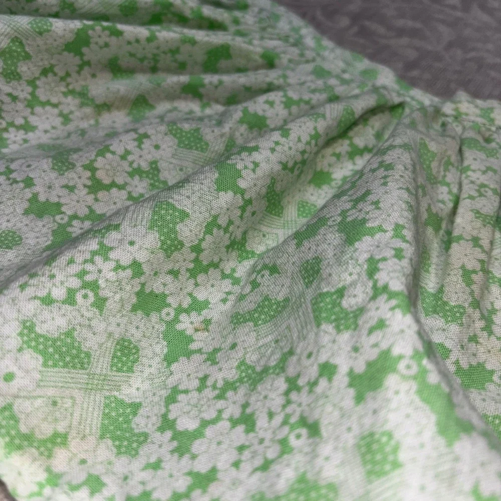 Vintage Green White Floral Calico Half Apron Cottagecore Retro Gathered Waist‎